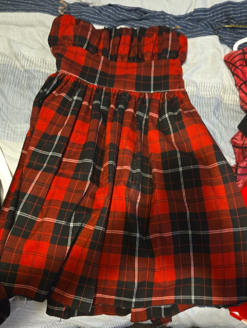 Necessary Objects Red and Black Plaid Strapless Dress